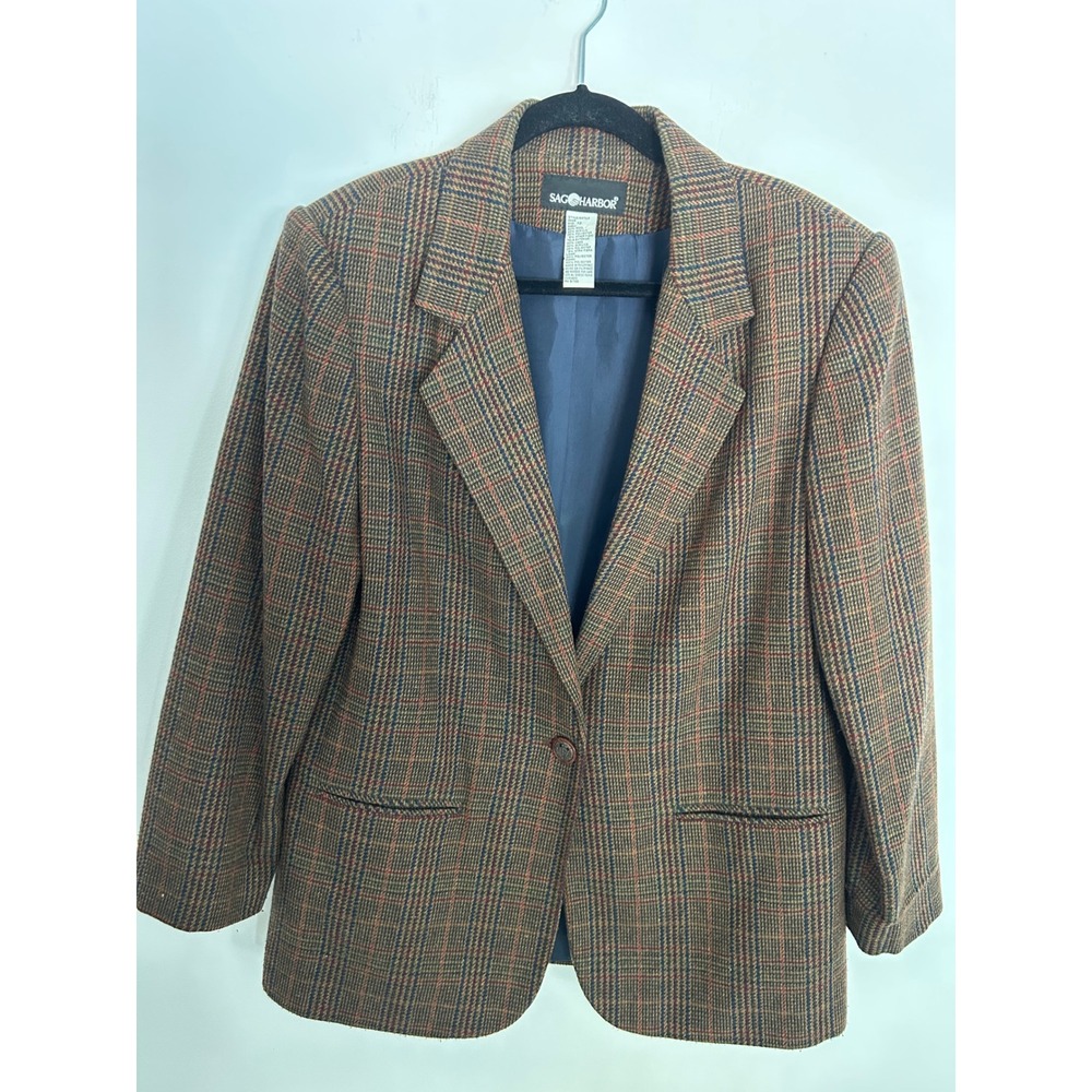 Sag Harbor Vintage Plaid Wool Blend Blazer Brown Navy Rust Size 12 3629